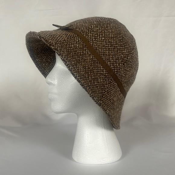 Brown Tweed Cloche Wool Panel Bucket Hat Ribbon Bow Trim Heathered Lined Women’s - Picture 5 of 15